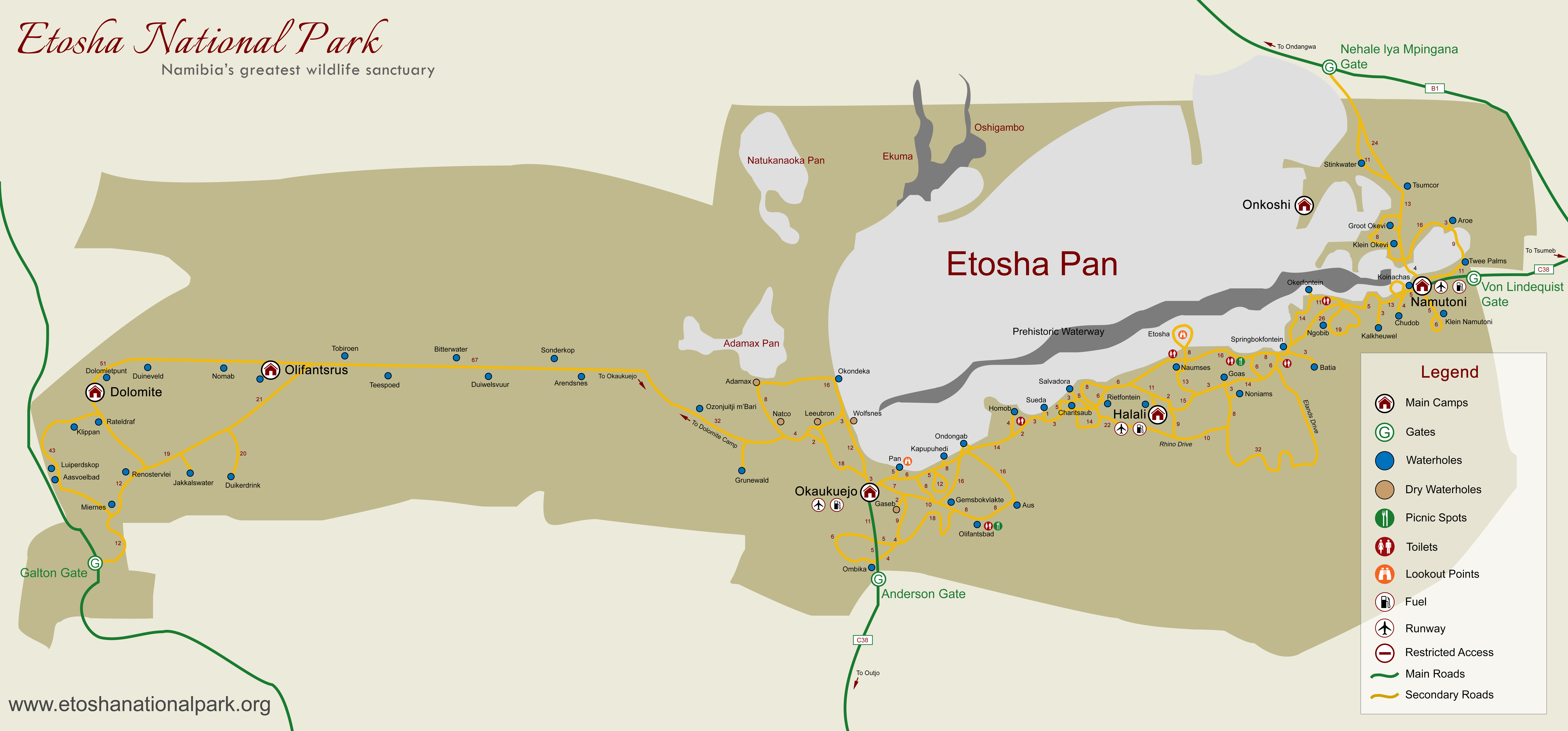 Carte du parc national d’Etosha en Namibie montrant les camps, les routes et les principaux points d’eau autour de l’Etosha Pan.
